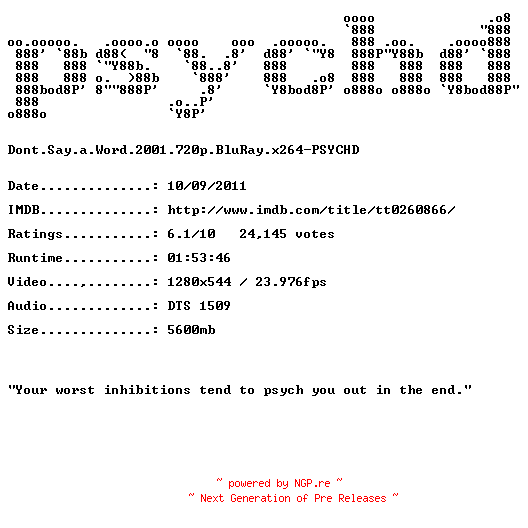 NFO for the release Dont.Say.a.Word.2001.720p.BluRay.x264-PSYCHD by PSYCHD