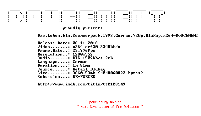 NFO for the release Das.Leben.Ein.Sechserpack.1993.German.720p.BluRay.x264-DOUCEMENT by DOUCEMENT