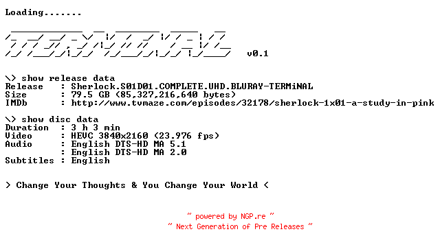 NFO for the release Sherlock.S01D01.COMPLETE.UHD.BLURAY-TERMiNAL by TERMiNAL