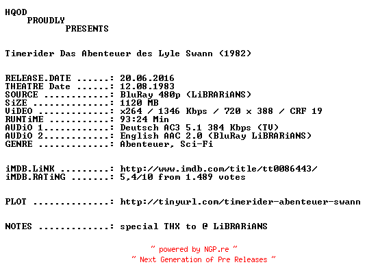 NFO for the release Timerider.Das.Abenteuer.des.Lyle.Swann.German.1982.AC3D.BDRiP.x264-HQOD by HQOD