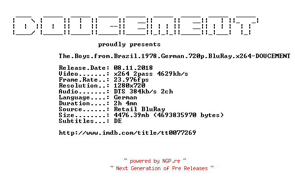 NFO for the release The.Boys.from.Brazil.1978.German.720p.BluRay.x264-DOUCEMENT by DOUCEMENT