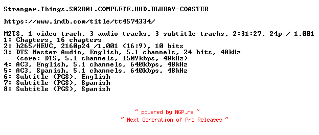 NFO for the release Stranger.Things.S02D01.COMPLETE.UHD.BLURAY-COASTER by COASTER