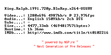 NFO for the release King.Ralph.1991.720p.BluRay.x264-USURY by USURY