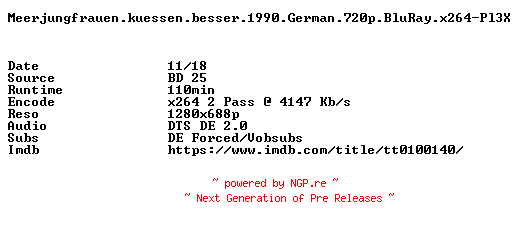 NFO for the release Meerjungfrauen.kuessen.besser.1990.German.720p.BluRay.x264-Pl3X by Pl3X