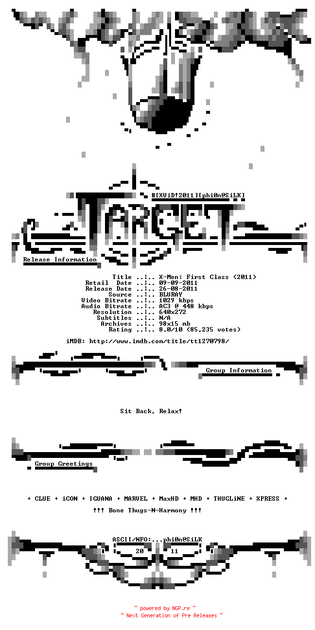 NFO for the release X-Men.First.Class.BDRip.XviD-TARGET by TARGET