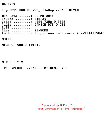 NFO for the release Hop.2011.DANiSH.720p.BluRay.x264-BLUEYES by BLUEYES