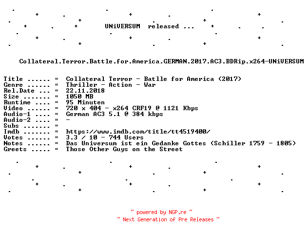 NFO for the release Collateral.Terror.Battle.for.America.GERMAN.2017.AC3.BDRip.x264-UNiVERSUM by UNiVERSUM