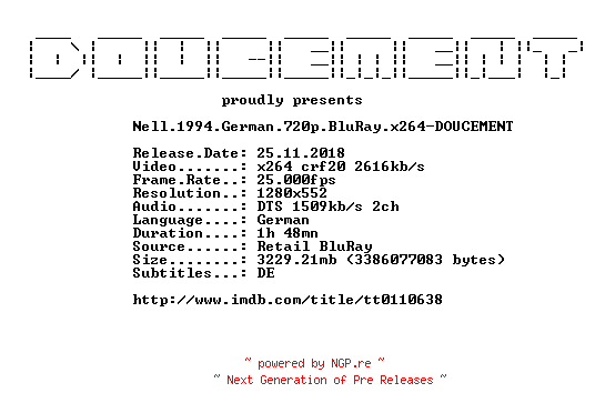NFO for the release Nell.1994.German.720p.BluRay.x264-DOUCEMENT by DOUCEMENT