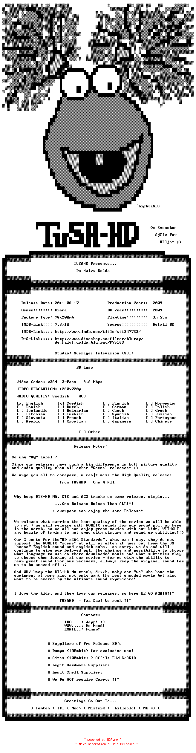 NFO for the release De.Halvt.Dolda.2009.SWEDISH.EP1-4.AC3.720p.BluRay.x264.HQ-TUSAHD by TUSAHD