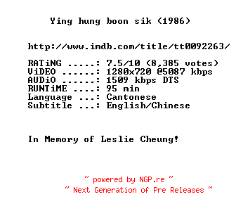 NFO for the release A.Better.Tomorrow.1986.720p.BluRay.x264-MELiTE by MELiTE