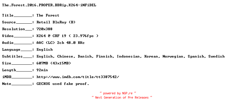 NFO for the release The.Forest.2016.PROPER.BDRip.X264-iNFiDEL by iNFiDEL