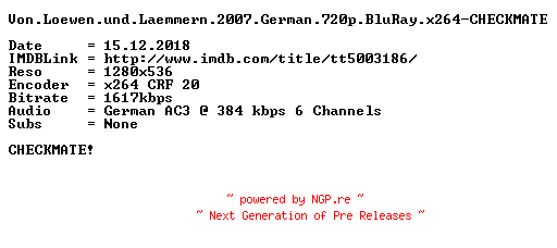 NFO for the release Von.Loewen.und.Laemmern.2007.German.720p.BluRay.x264-CHECKMATE by CHECKMATE