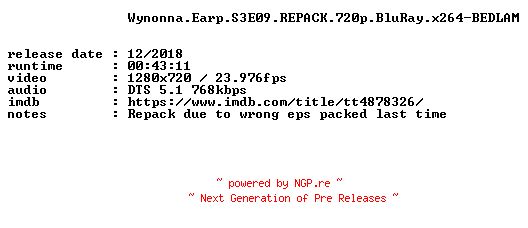NFO for the release Wynonna.Earp.S3E09.REPACK.720p.BluRay.x264-BEDLAM by BEDLAM