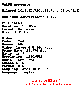 NFO for the release Milwood.2013.3D.720p.BluRay.x264-VALUE by VALUE