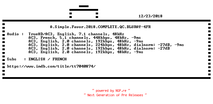 NFO for the release A.Simple.Favor.2018.COMPLETE.QC.BLURAY-4FR by 4FR