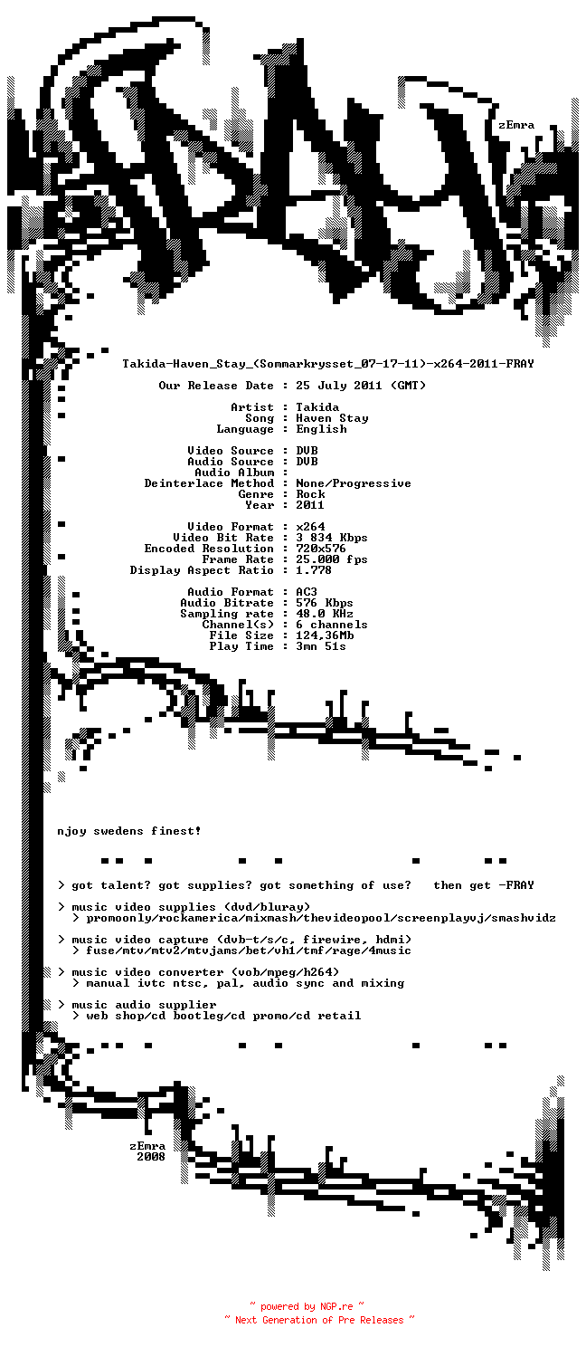 NFO for the release Takida-Haven_Stay_(Sommarkrysset_07-17-11)-x264-2011-FRAY by FRAY