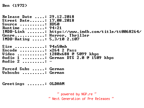 NFO for the release Ben.1972.German.720p.BluRay.x264-SPiCY by SPiCY