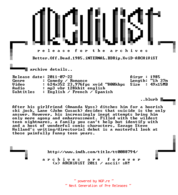NFO for the release Better.Off.Dead.1985.iNTERNAL.BDRip.XviD-ARCHiViST by ARCHiViST