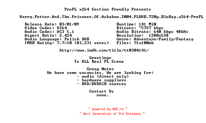 NFO for the release Harry.Potter.And.The.Prisoner.Of.Azkaban.2004.PLDUB.720p.BluRay.x264-ProPL by ProPL
