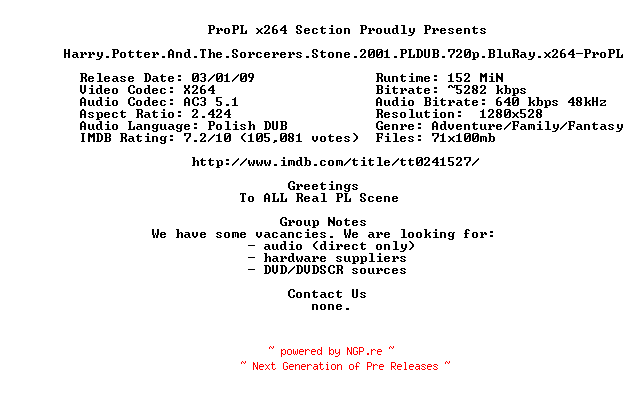 NFO for the release Harry.Potter.And.The.Sorcerers.Stone.2001.PLDUB.720p.BluRay.x264-ProPL by ProPL