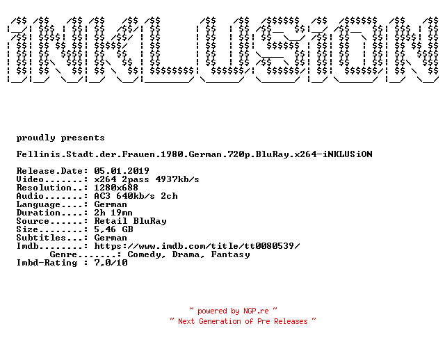 NFO for the release Fellinis.Stadt.der.Frauen.1980.German.720p.BluRay.x264-iNKLUSiON by iNKLUSiON