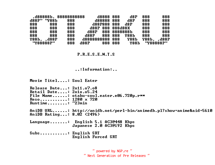NFO for the release Soul.Eater.E06.The.New.Student.720p.BluRay.x264-OTAKU by OTAKU