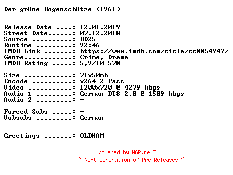 NFO for the release Der.gruene.Bogenschuetze.1961.German.720p.BluRay.x264-SPiCY by SPiCY