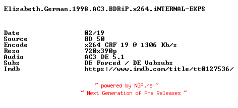 NFO for the release Elizabeth.German.1998.AC3.BDRiP.x264.iNTERNAL-EXPS by EXPS