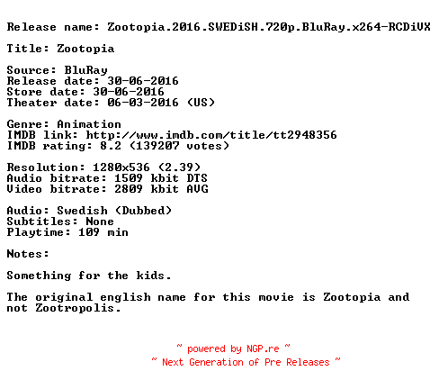 NFO for the release Zootopia.2016.SWEDiSH.720p.BluRay.x264-RCDiVX by RCDiVX