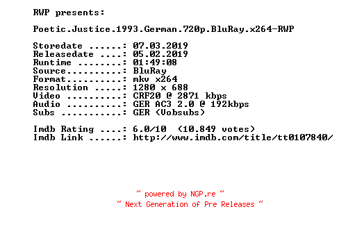 NFO for the release Poetic.Justice.1993.German.720p.BluRay.x264-RWP by RWP