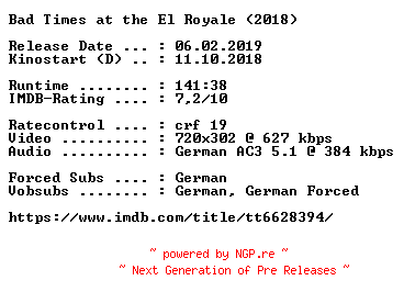 NFO for the release Bad.Times.at.the.El.Royale.German.2018.AC3.BDRip.x264-COiNCiDENCE by COiNCiDENCE