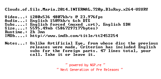 NFO for the release Clouds.of.Sils.Maria.2014.INTERNAL.720p.BluRay.x264-USURY by USURY