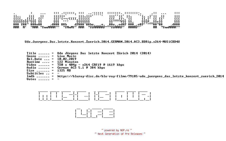 NFO for the release Udo.Juergens.Das.letzte.Konzert.Zuerich.2014.GERMAN.2014.AC3.BDRip.x264-MUSiCBD4U by MUSiCBD4U