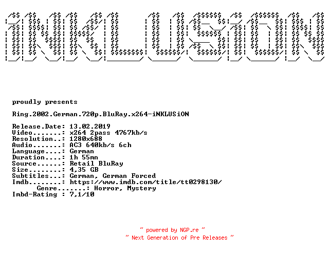 NFO for the release Ring.2002.German.720p.BluRay.x264-iNKLUSiON by iNKLUSiON
