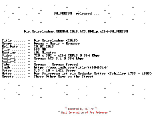 NFO for the release Die.Geiselnahme.GERMAN.2018.AC3.BDRip.x264-UNiVERSUM by UNiVERSUM