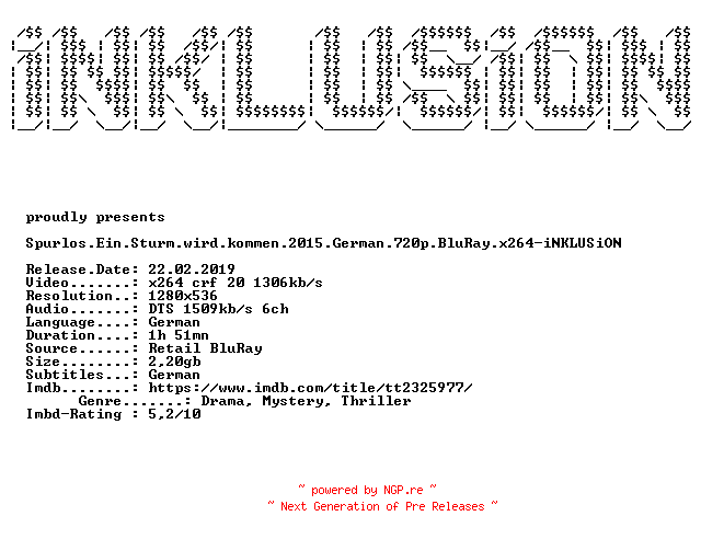 NFO for the release Spurlos.Ein.Sturm.wird.kommen.2015.German.720p.BluRay.x264-iNKLUSiON by iNKLUSiON