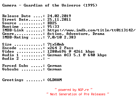 NFO for the release Gamera.Guardian.of.the.Universe.1995.German.720p.BluRay.x264-SPiCY by SPiCY