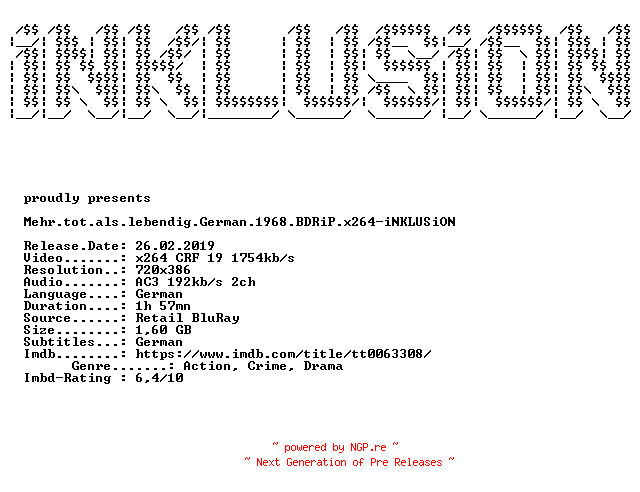 NFO for the release Mehr.tot.als.lebendig.German.1968.BDRiP.x264-iNKLUSiON by iNKLUSiON