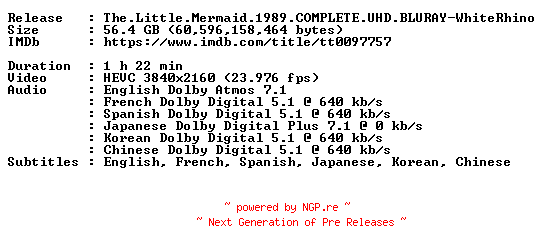 NFO for the release The.Little.Mermaid.1989.COMPLETE.UHD.BLURAY-WhiteRhino by WhiteRhino