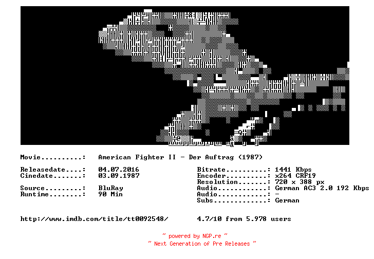 NFO for the release American.Fighter.2.Der.Auftrag.1987.German.UNCUT.BDRip.x264-LizardSquad by LizardSquad