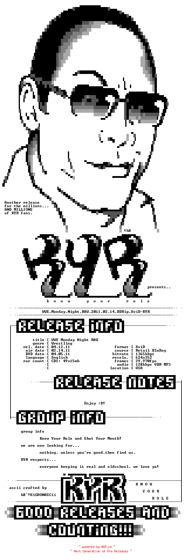 NFO for the release WWE.Monday.Night.RAW.2011.02.14.BDRip.XviD-KYR by KYR