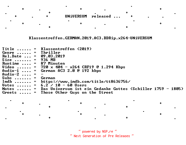 NFO for the release Klassentreffen.GERMAN.2019.AC3.BDRip.x264-UNiVERSUM by UNiVERSUM