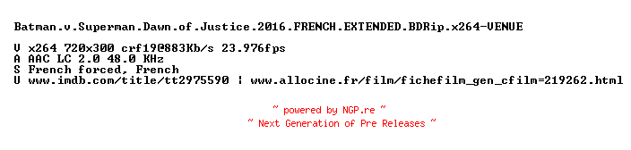NFO for the release Batman.v.Superman.Dawn.of.Justice.2016.FRENCH.EXTENDED.BDRip.x264-VENUE by VENUE