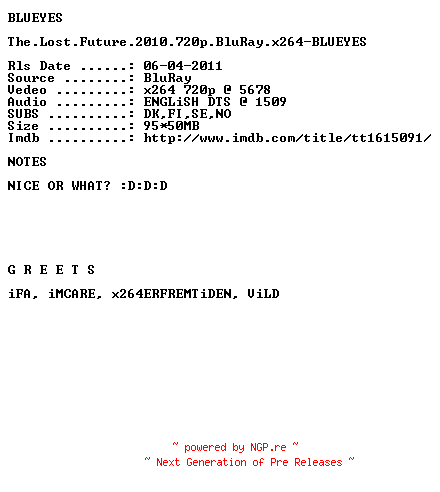NFO for the release The.Lost.Future.2010.720p.BluRay.x264-BLUEYES by BLUEYES