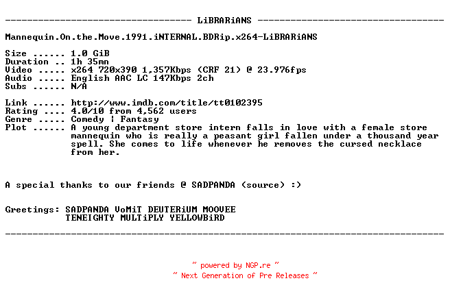 NFO for the release Mannequin.On.the.Move.1991.iNTERNAL.BDRip.x264-LiBRARiANS by LiBRARiANS