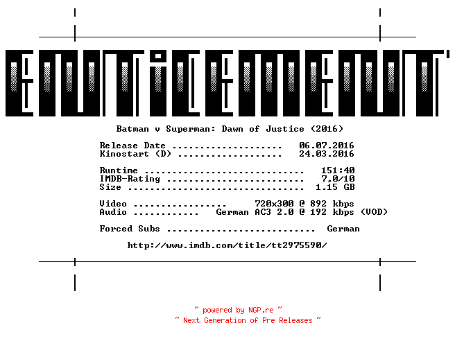 NFO for the release Batman.v.Superman.Dawn.of.Justice.THEATRICAL.German.AC3.Dubbed.BDRip.x264-ENTiCEMENT by ENTiCEMENT