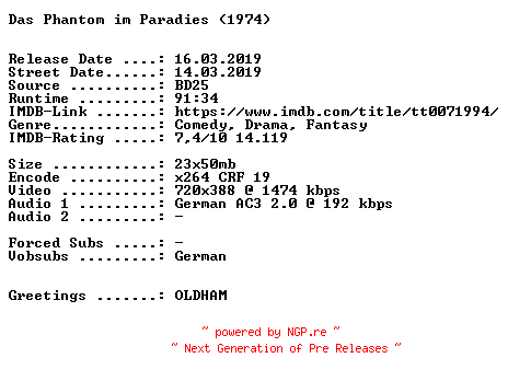 NFO for the release Das.Phantom.im.Paradies.German.1974.AC3.BDRiP.x264.iNTERNAL-SPiCY by SPiCY