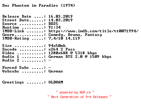 NFO for the release Das.Phantom.im.Paradies.1974.German.720p.BluRay.x264-SPiCY by SPiCY