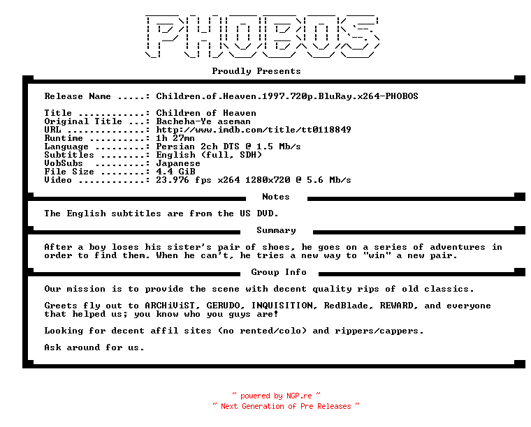 NFO for the release Children.of.Heaven.1997.720p.BluRay.x264-PHOBOS by PHOBOS