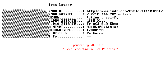 NFO for the release Tron.Legacy.2010.FRENCH.720p.BluRay.x264-THENiGHTMAREiNHD by THENiGHTMAREiNHD